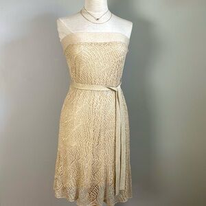 NWOT  bebe Metallic Gold Mini Crochet-Knit Halter A-Line Belted Dress, Size M